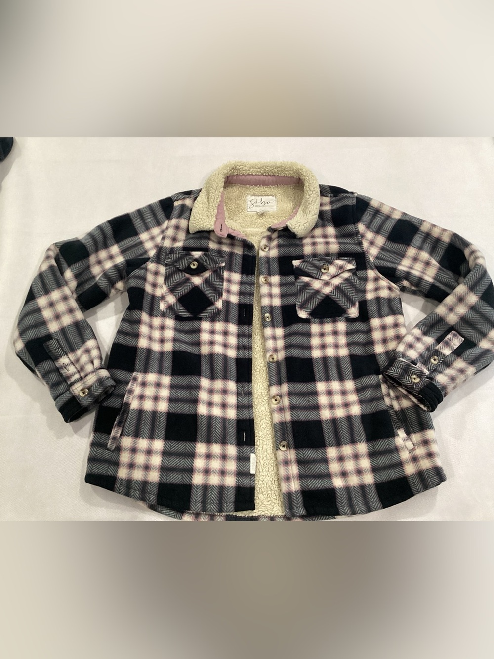 Soho Black, Pink & Gray Plaid Sherpa-Trim Kids Jacket
